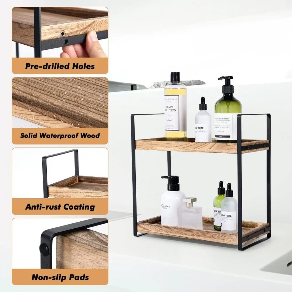 2-Tier Countertop Wood Bathroom Counter Organizers Shelf Cosmetic Storage, Decor